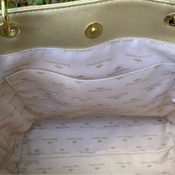 JUICY COUTURE Gold Embossed Word Play TOTE BAG! Neutral Faux Leather Crossbody - Picture 8 of 9